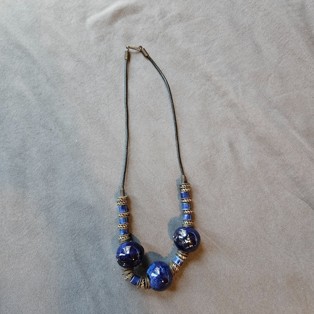 Vintage Boho Cobalt Blue Glazed Ceramic Chunky Bead Statement Necklace